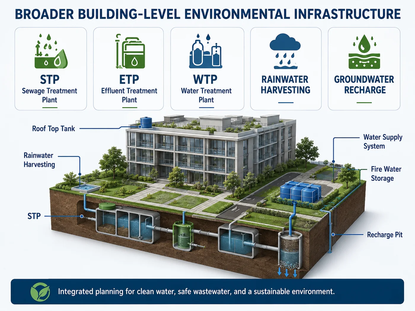 Building-level environmental infrastructure overview showing STP, ETP, WTP, rainwater harvesting, groundwater recharge, rooftop tank, water supply, fire water storage, and recharge pit