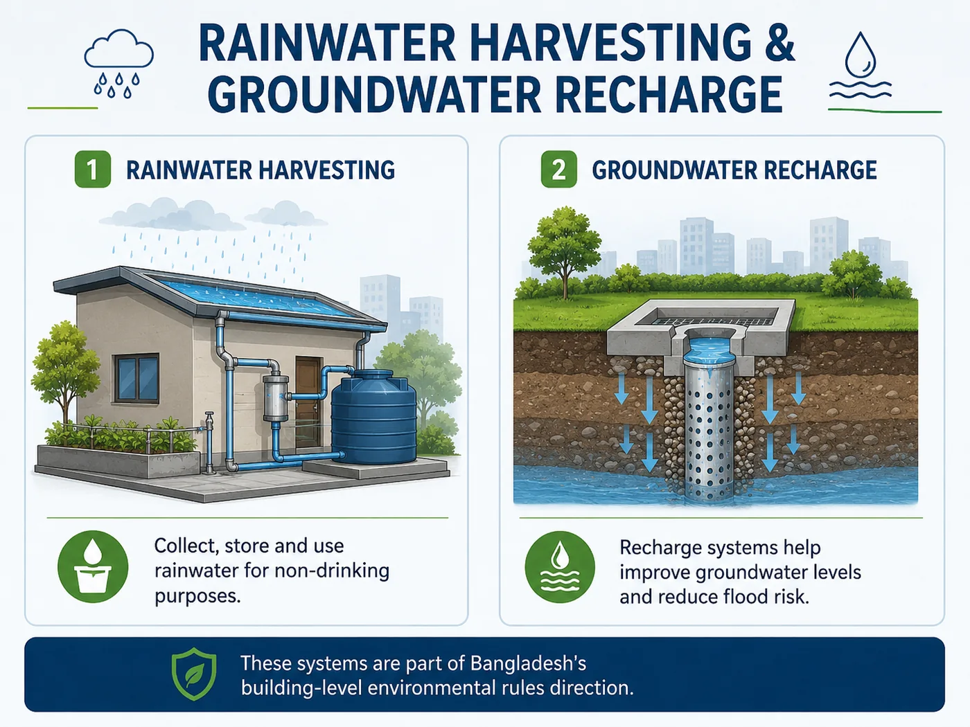 Rainwater harvesting and groundwater recharge system showing rooftop rainwater collection and recharge pit