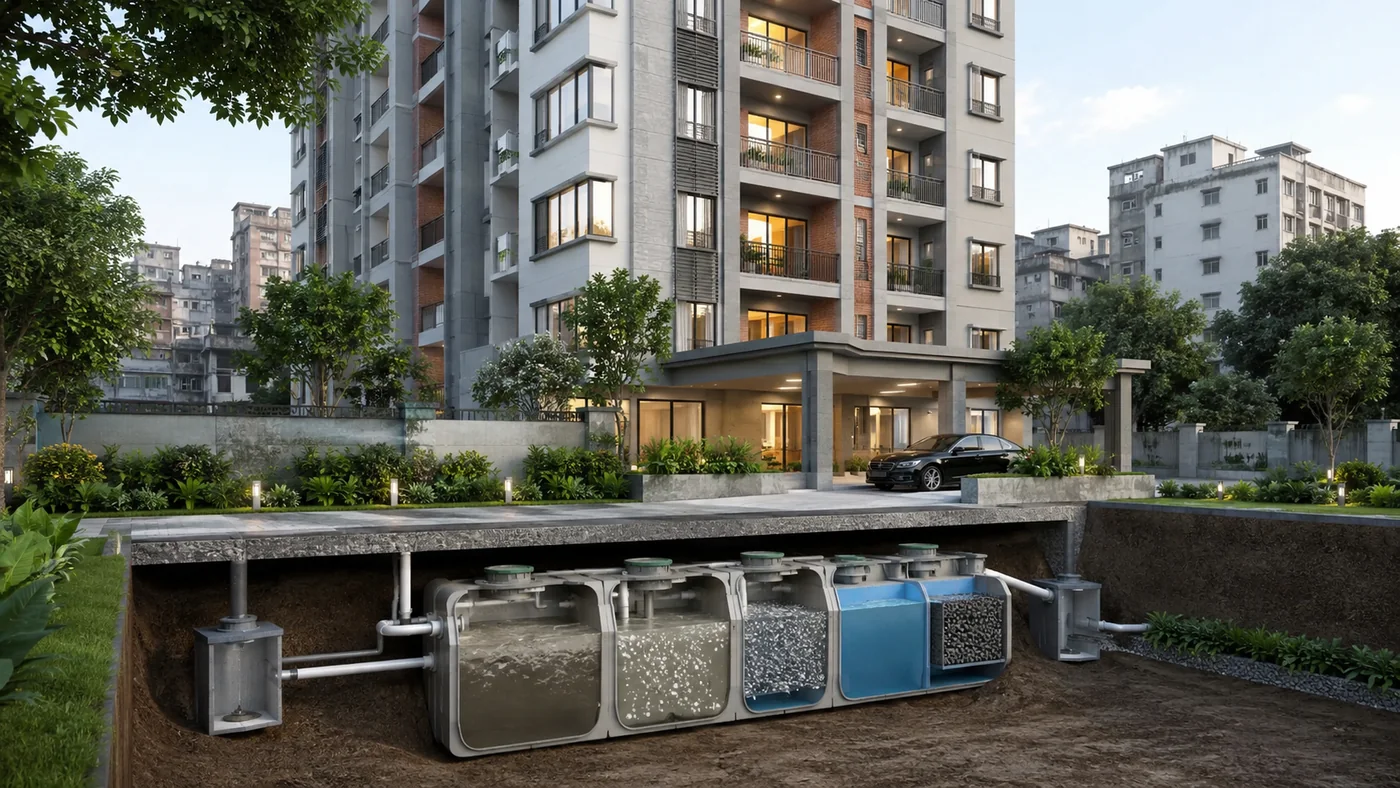 Apartment building with underground Japanese Johkasou wastewater treatment system