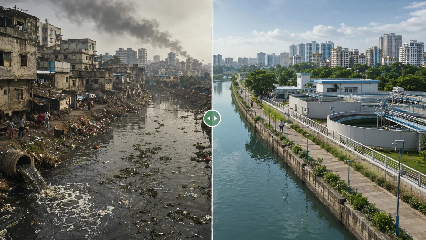 Before and after comparison of polluted urban waterway and clean wastewater treatment infrastructure