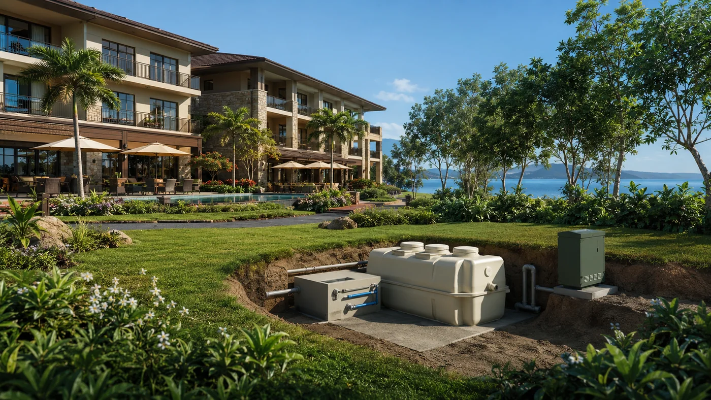 Resort property with compact wastewater treatment system installed near landscaped grounds
