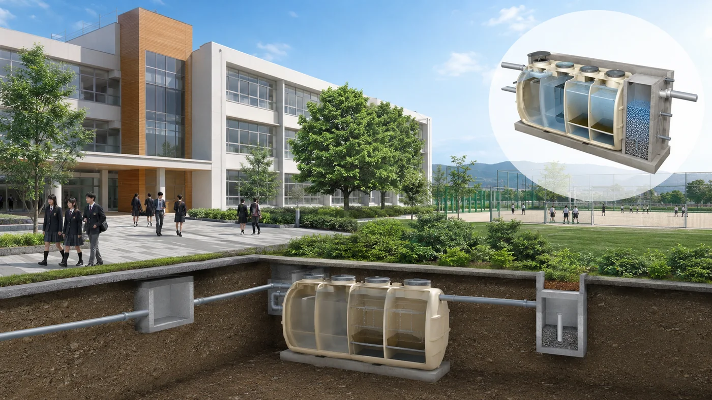 School campus with decentralized wastewater treatment system