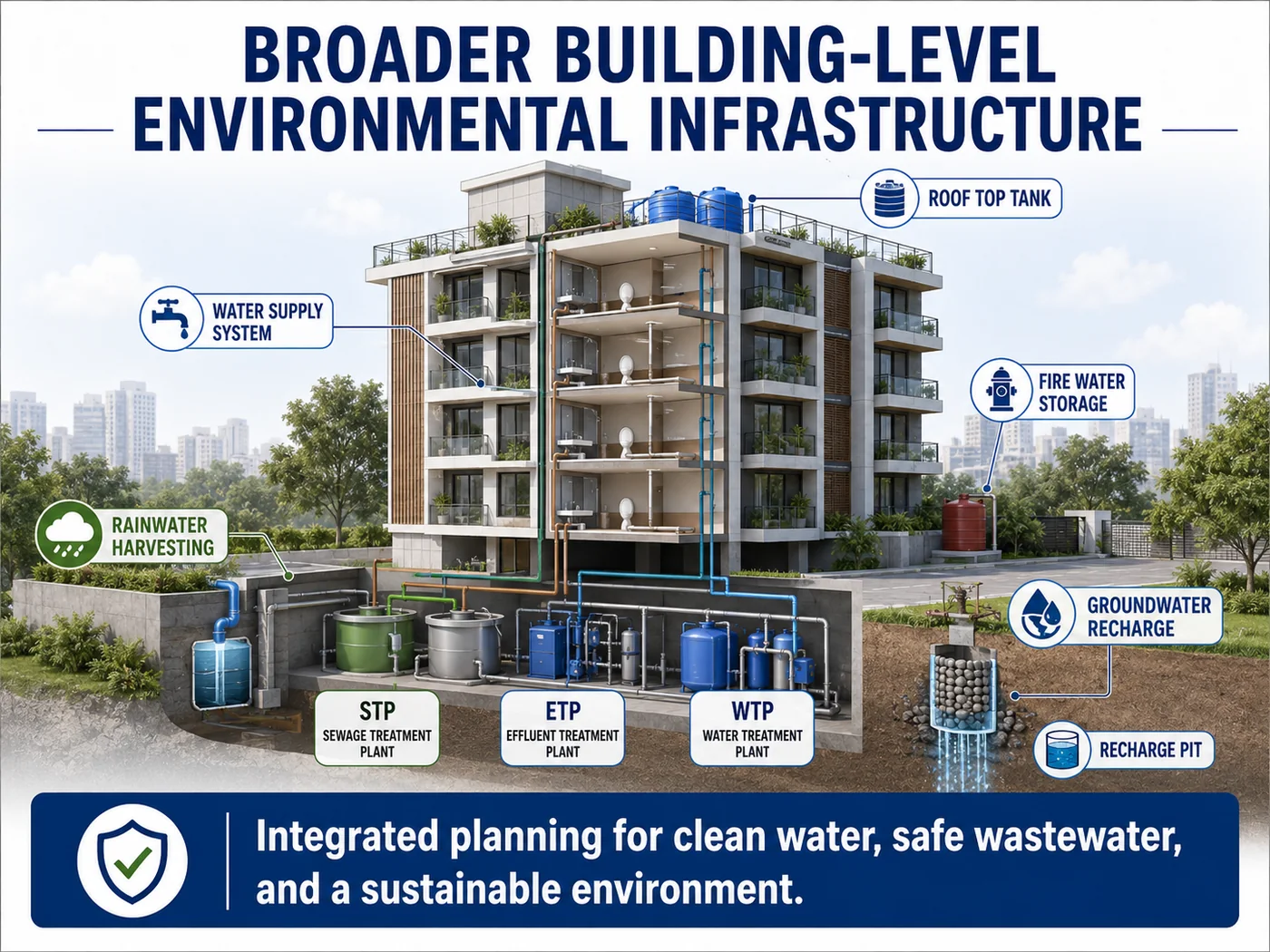Broader building-level environmental infrastructure showing STP, ETP, WTP, rainwater harvesting, groundwater recharge, water supply, rooftop tank, fire water storage, and recharge pit