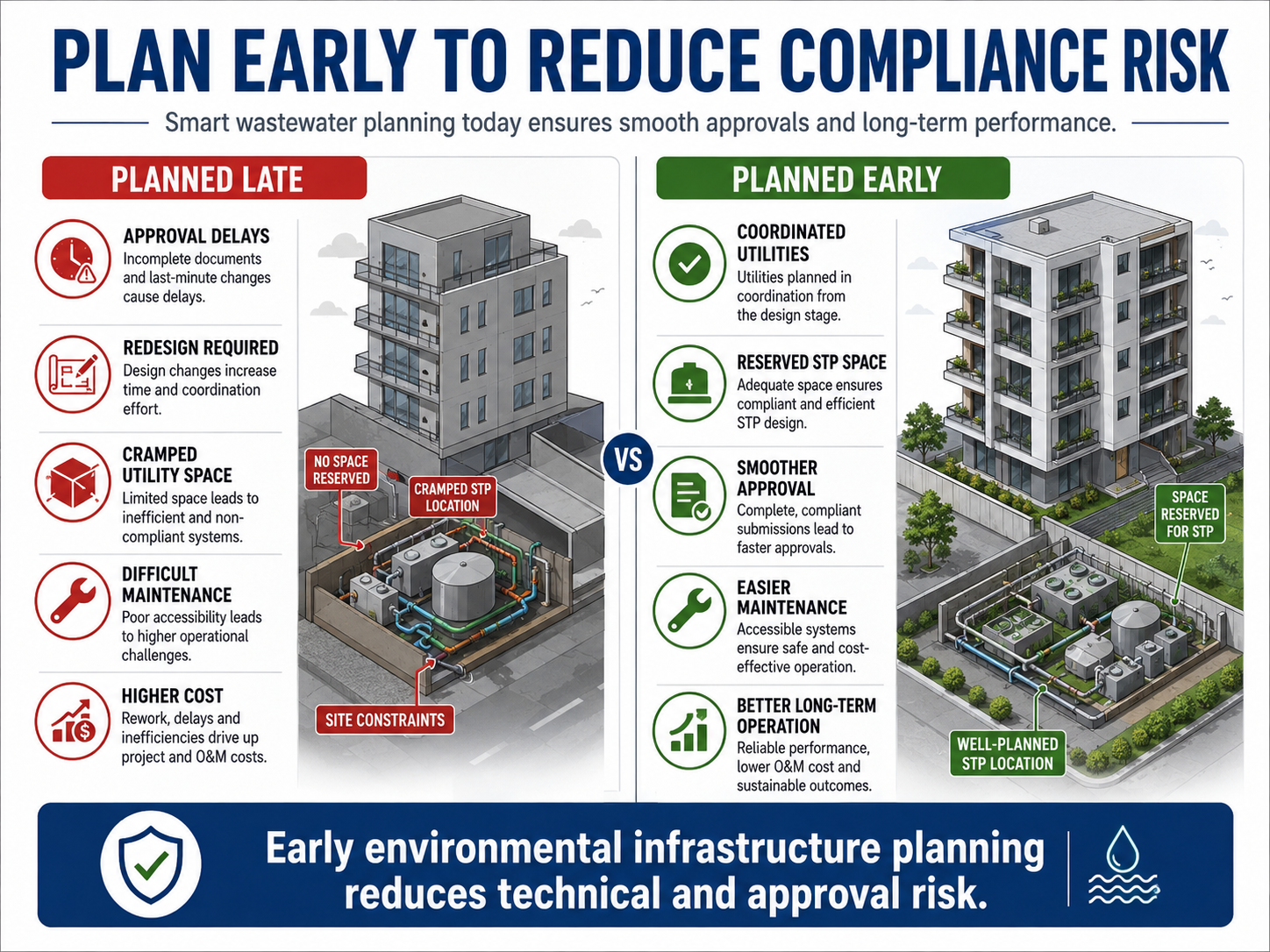 Comparison of late STP planning versus early STP planning showing approval delays, redesign risk, cramped utility space, maintenance problems, and better compliance outcomes