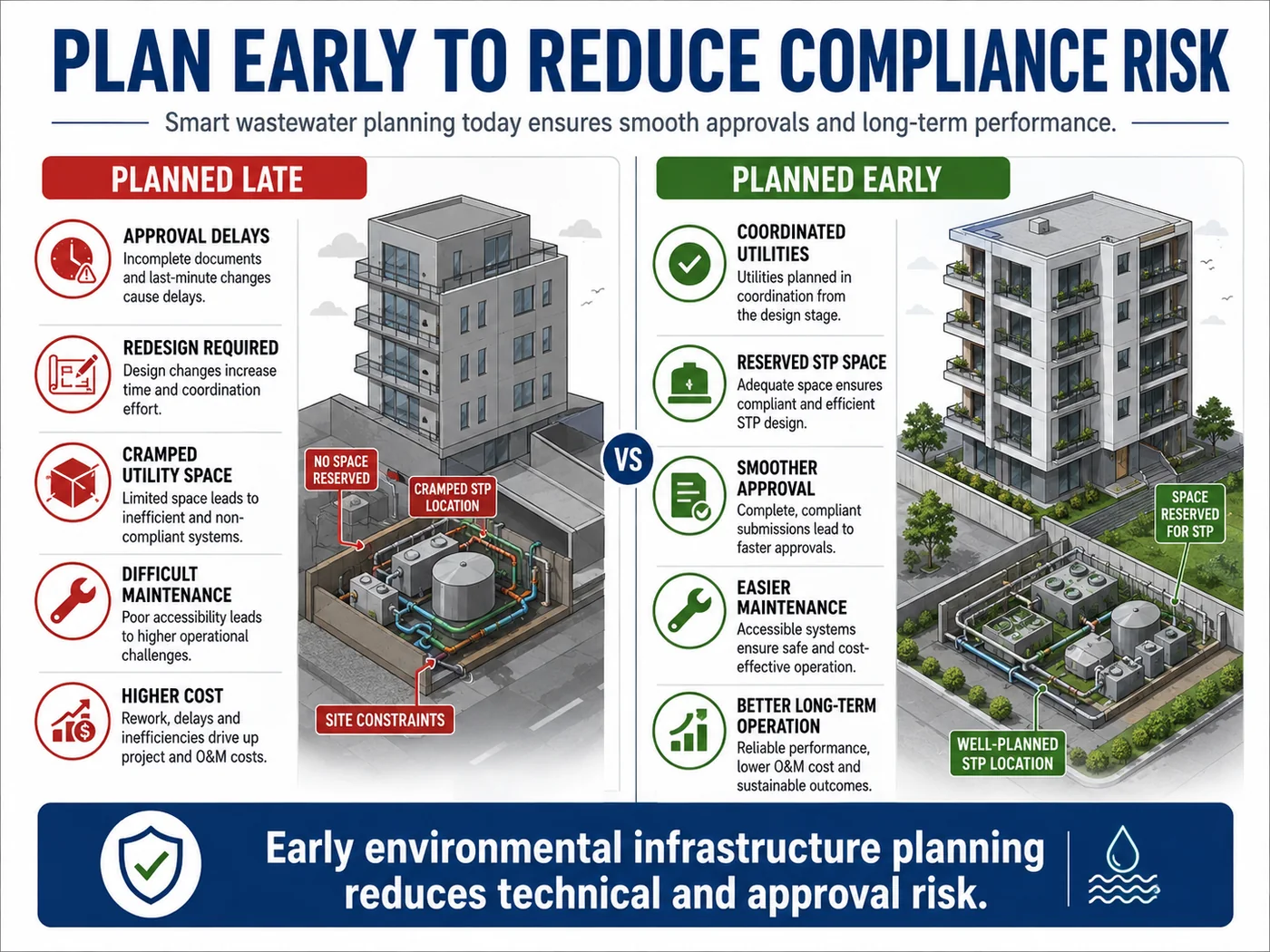 Comparison of late STP planning versus early STP planning showing approval delays, redesign risk, cramped utility space, maintenance problems, and better compliance outcomes