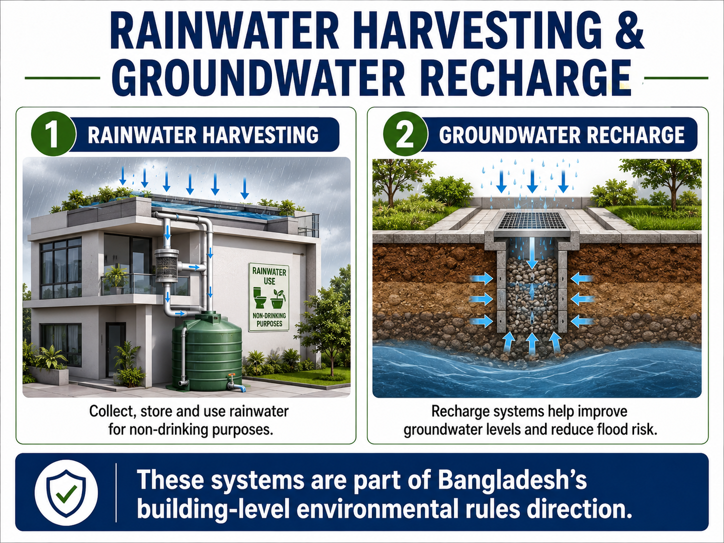 Rainwater harvesting and groundwater recharge system showing rooftop rainwater collection and recharge pit