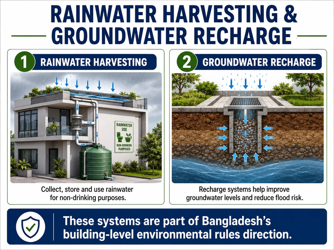 Rainwater harvesting and groundwater recharge system showing rooftop rainwater collection and recharge pit