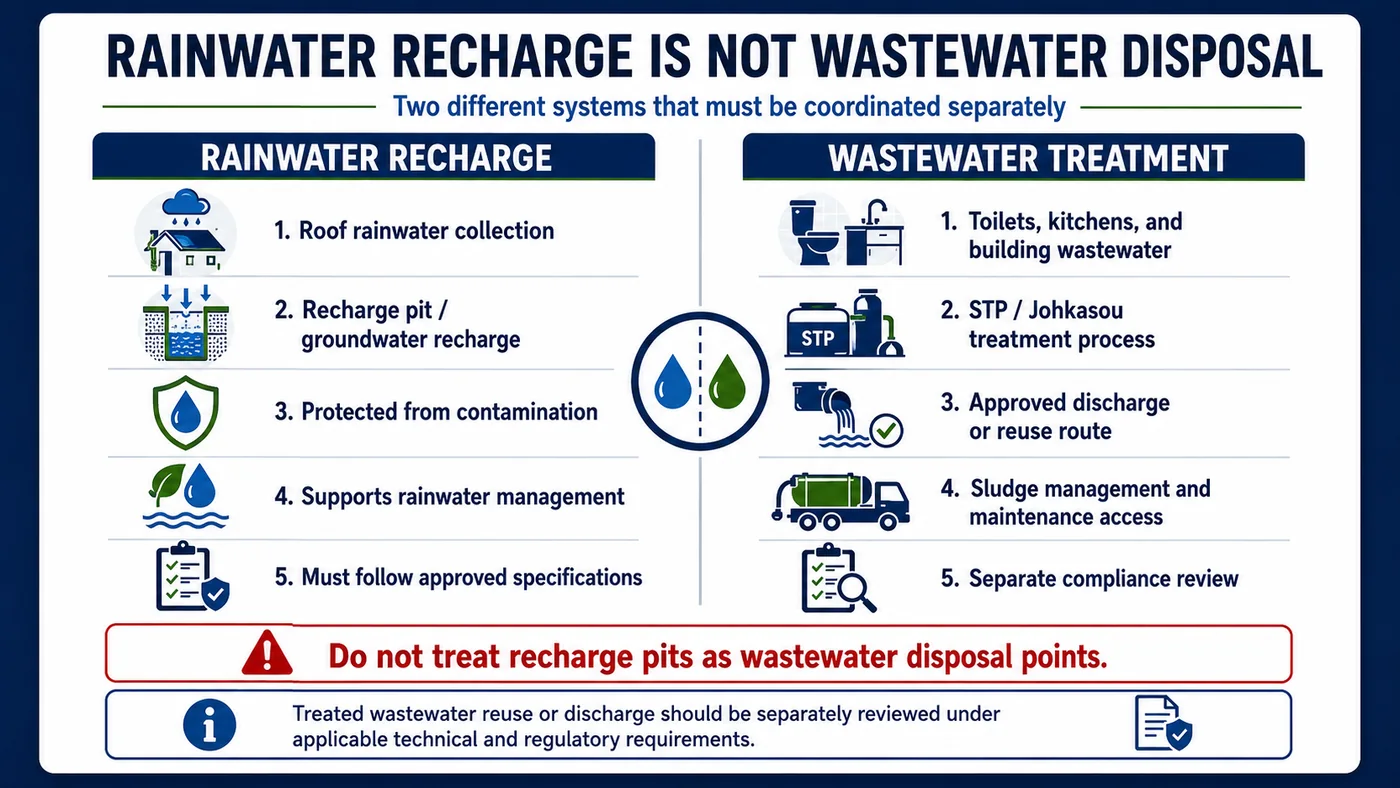 Infographic comparing rainwater recharge and wastewater treatment, showing roof rainwater collection, recharge pits, groundwater recharge, STP and Johkasou treatment, approved discharge or reuse routes, sludge management, and the warning that recharge pits should not be treated as wastewater disposal points.