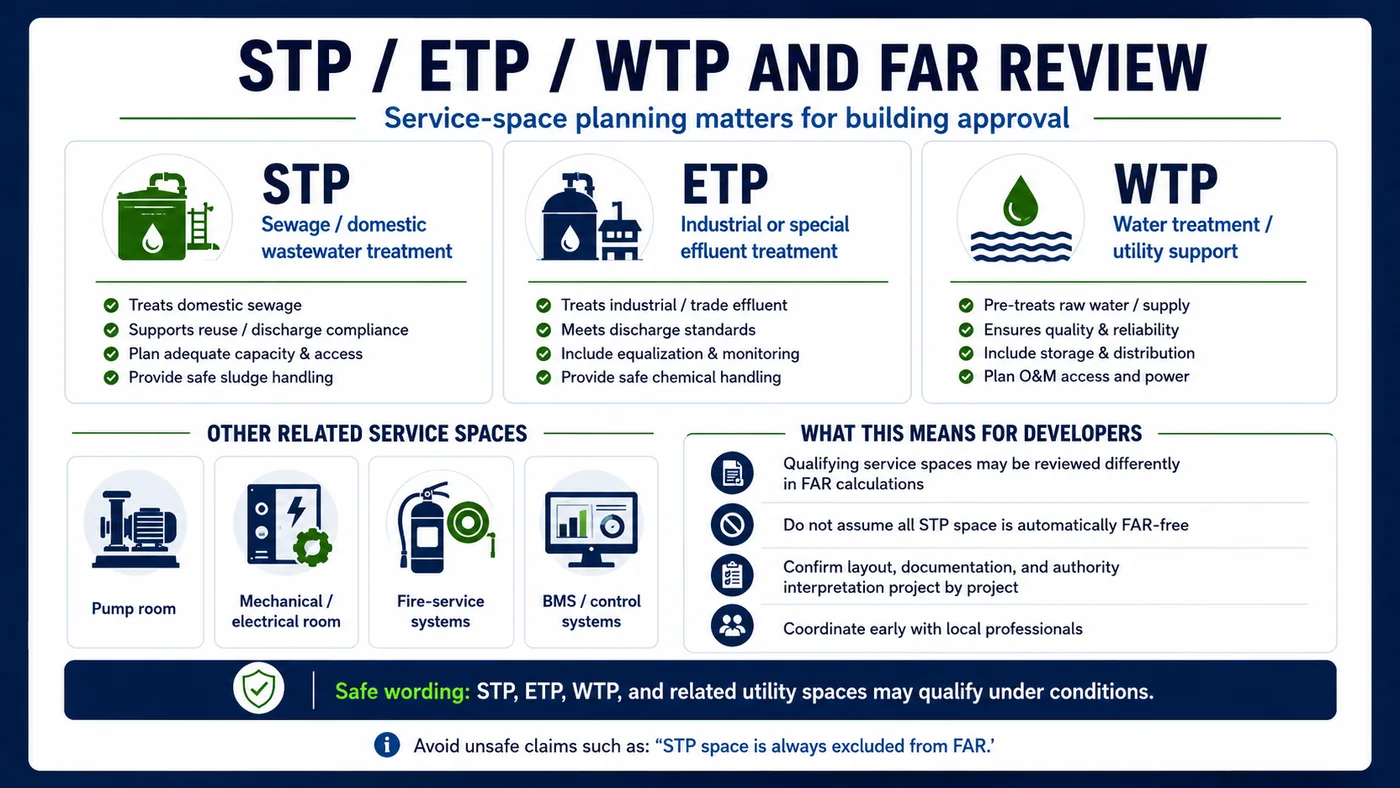 Infographic explaining STP, ETP, WTP and related service spaces for FAR review, including sewage treatment, industrial effluent treatment, water treatment, pump rooms, mechanical rooms, electrical rooms, fire-service systems, BMS, and the caution that STP space is not automatically FAR-free.