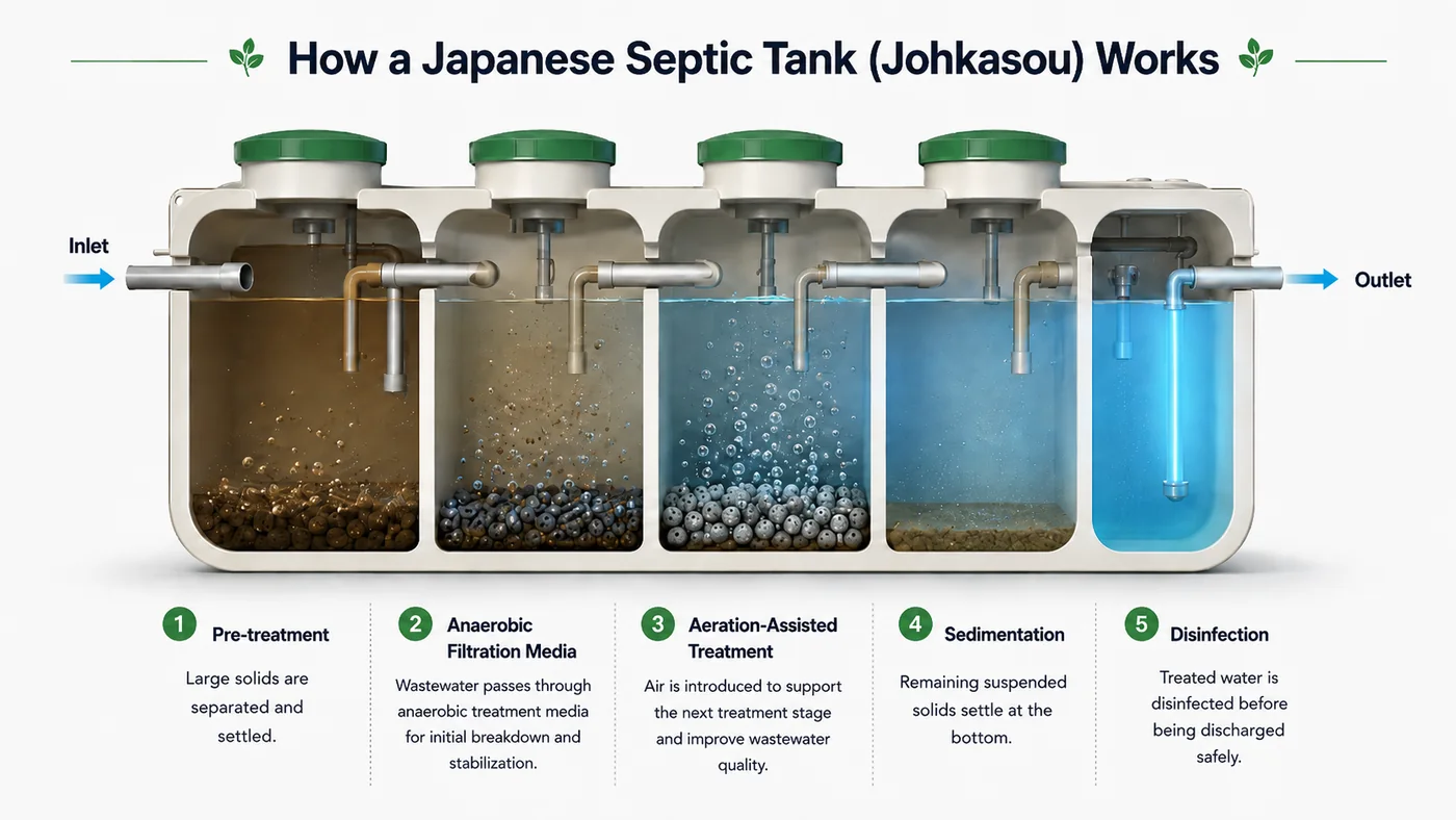 Diagram showing how a Japanese septic tank Johkasou system works