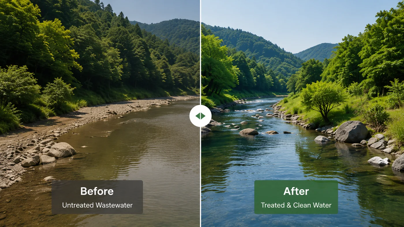 Before and after comparison of polluted water and clean treated water