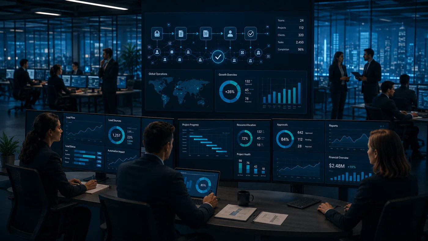 Modern operations team monitoring workflow automation and business performance dashboards