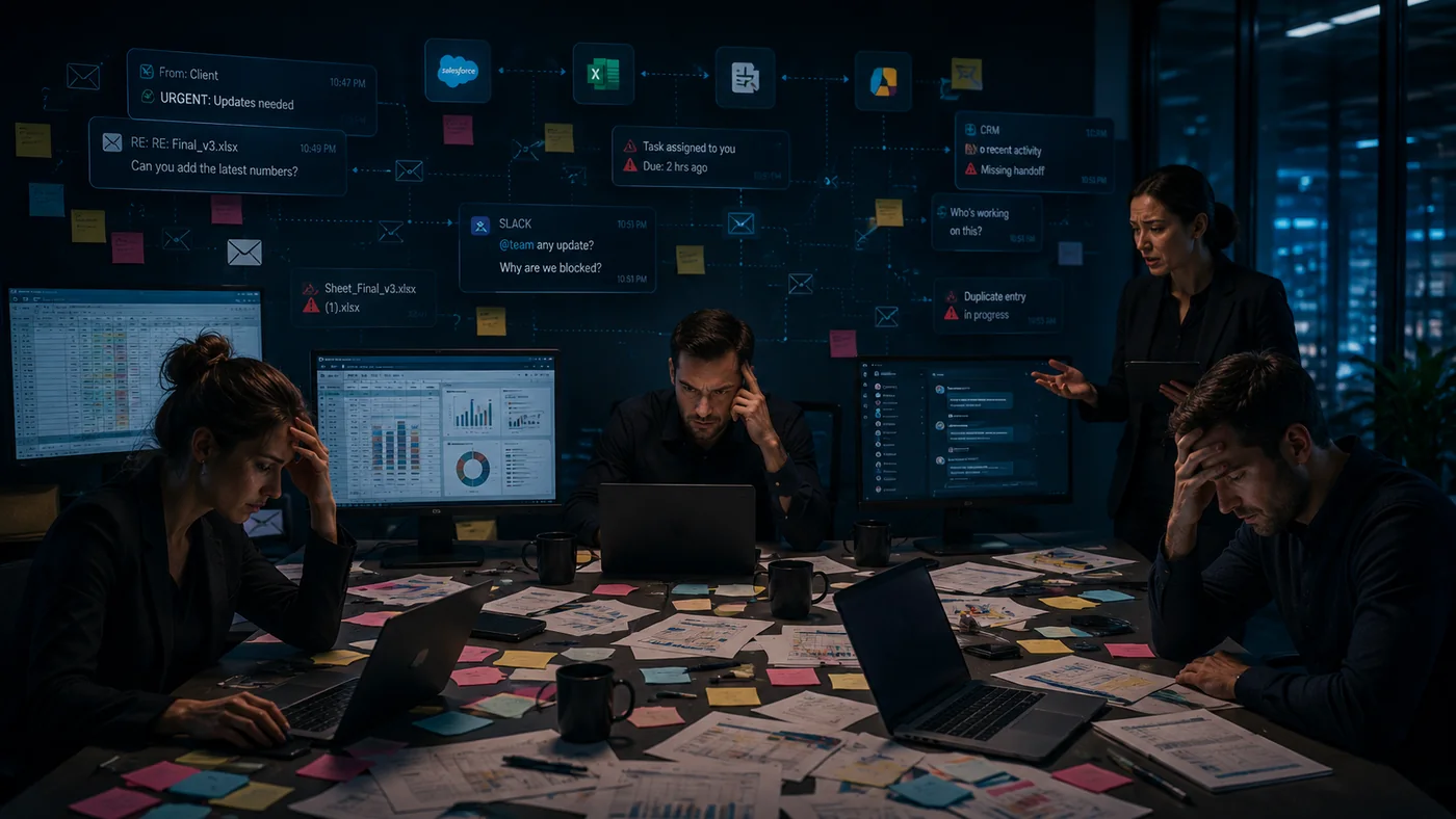 Stressed team working inside a cluttered and chaotic business process