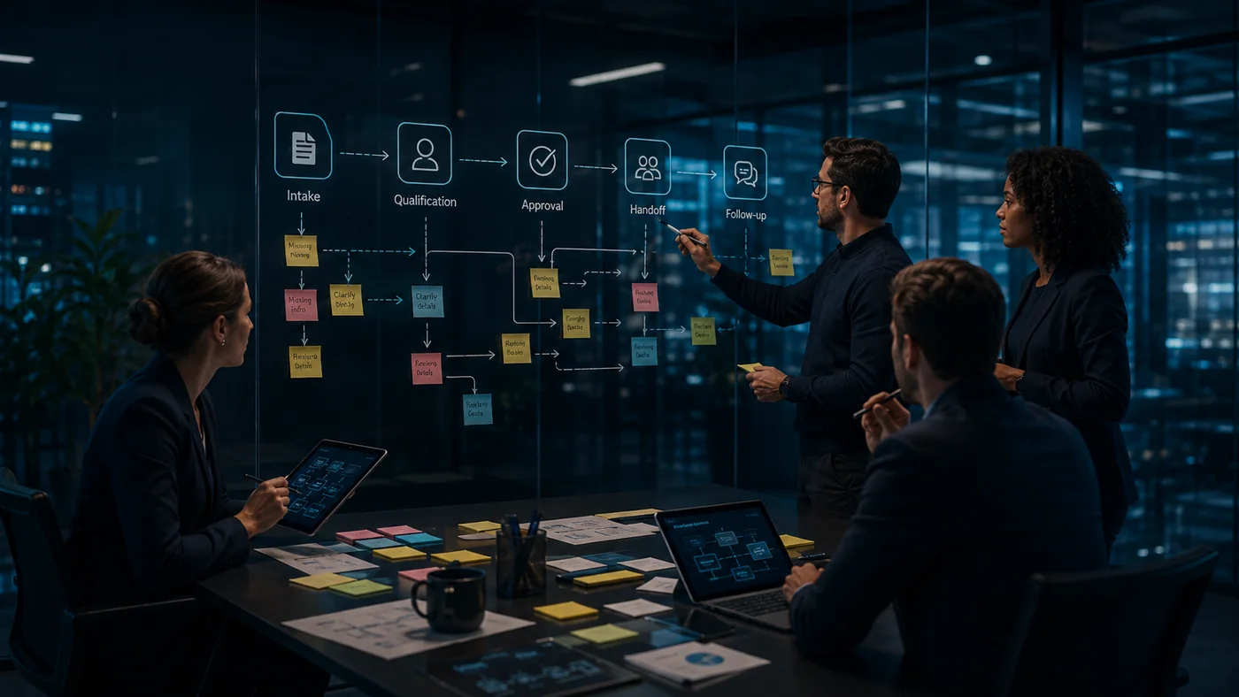 Team mapping a business workflow on a glass board