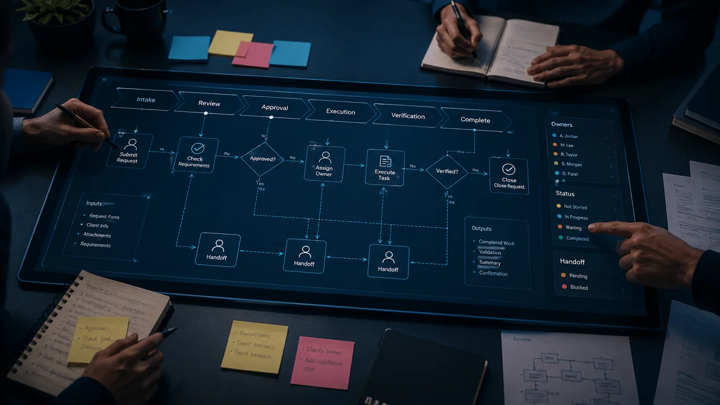 Detailed digital workflow blueprint showing business process stages