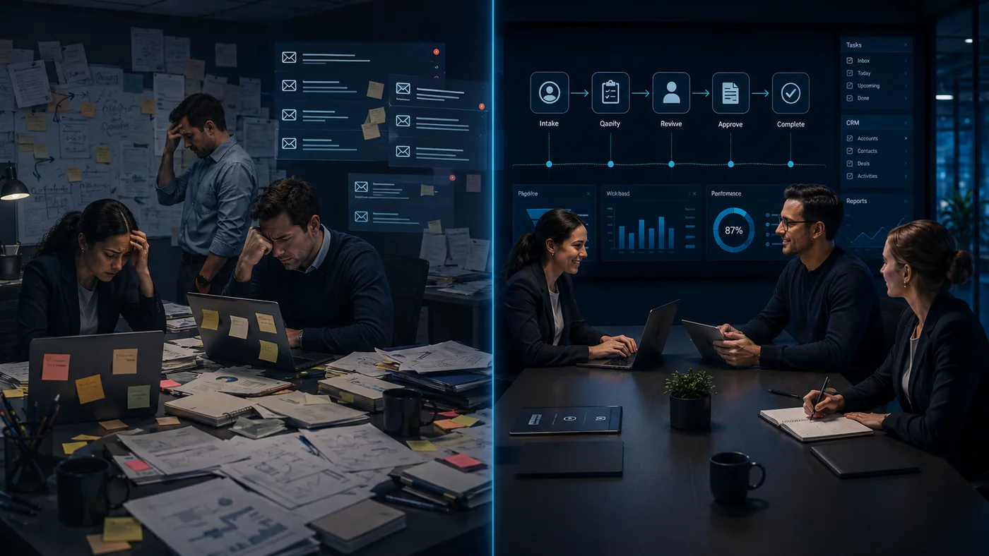 Before and after comparison of chaotic work and structured workflow automation