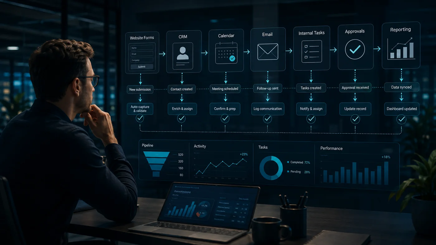 Business automation workflow connecting forms, CRM, calendar, email, tasks, approvals, and reporting