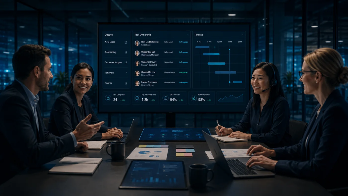 Team reviewing task ownership and workflow queues on a digital dashboard