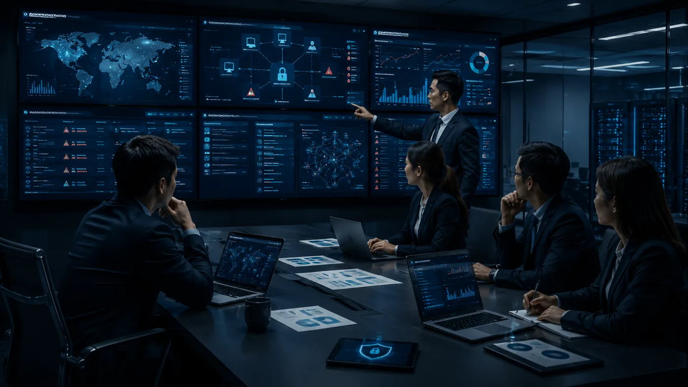 Cybersecurity team reviewing risk dashboards, access maps, and executive security planning
