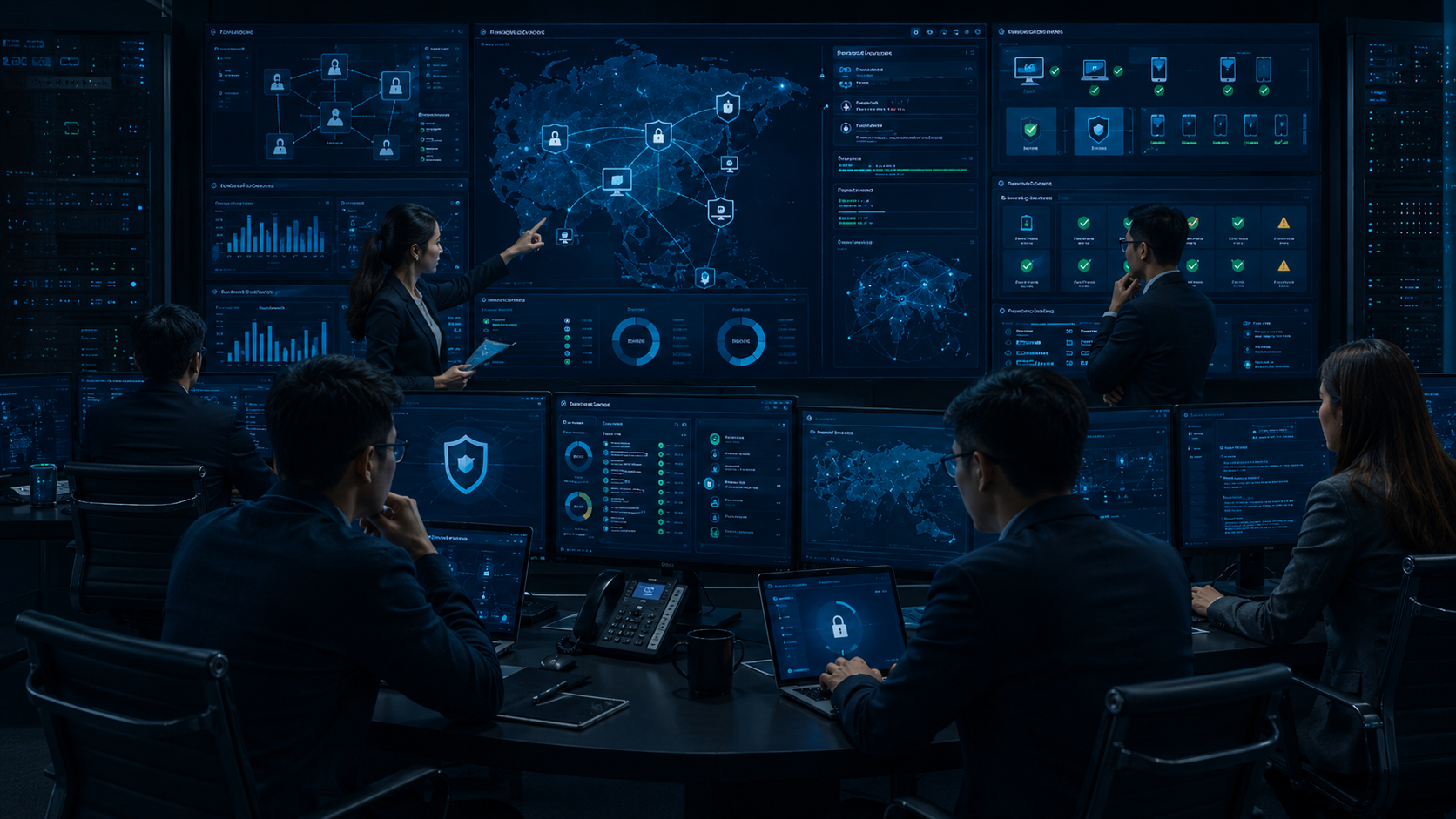 Cybersecurity operations room showing monitoring dashboards, device status, and enterprise oversight