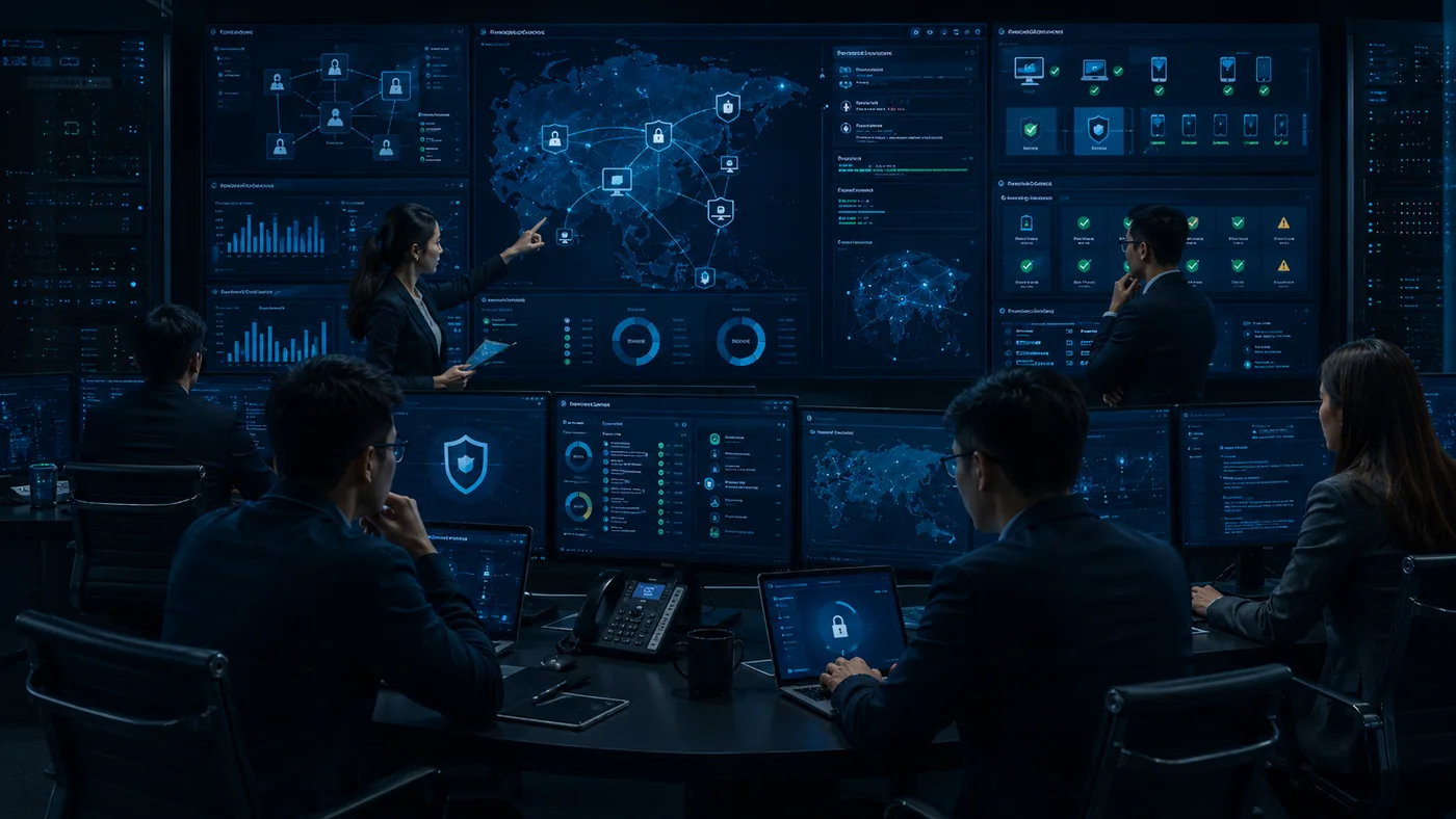 Cybersecurity operations room showing monitoring dashboards, device status, and enterprise oversight