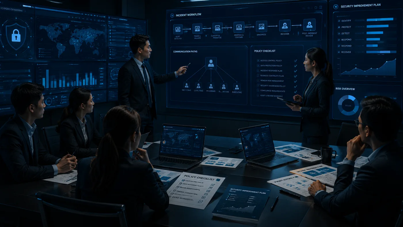 Cybersecurity incident workflow, communication paths, policy checklist, and security improvement plan