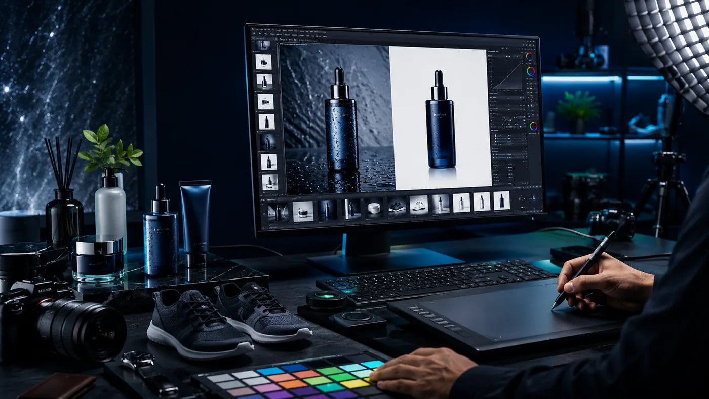 Product image retouching workspace showing before and after cosmetic product editing