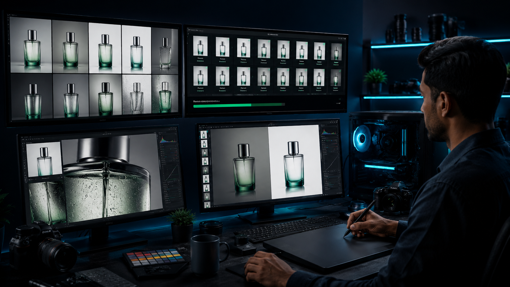 Batch image editing workflow across multiple screens with product variations and quality control