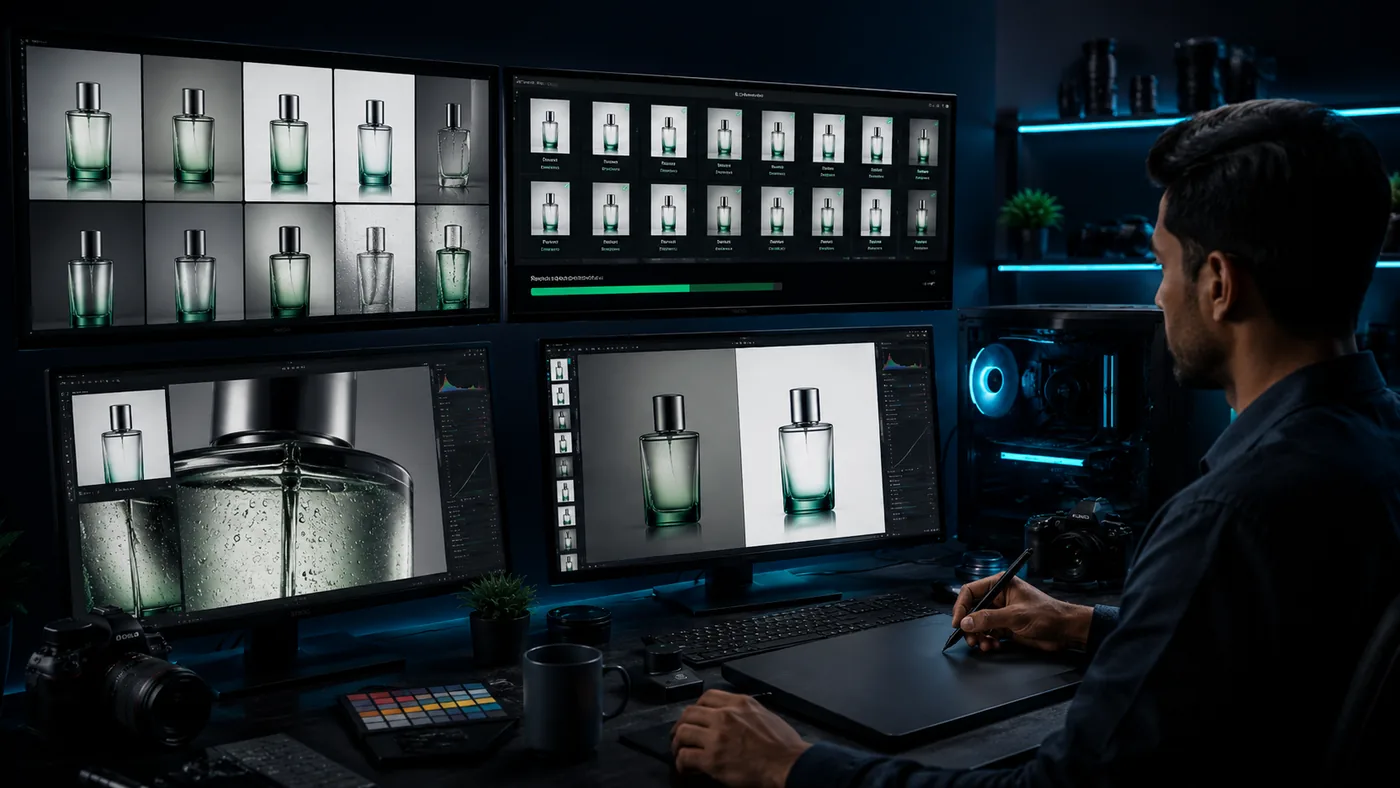 Batch image editing workflow across multiple screens with product variations and quality control