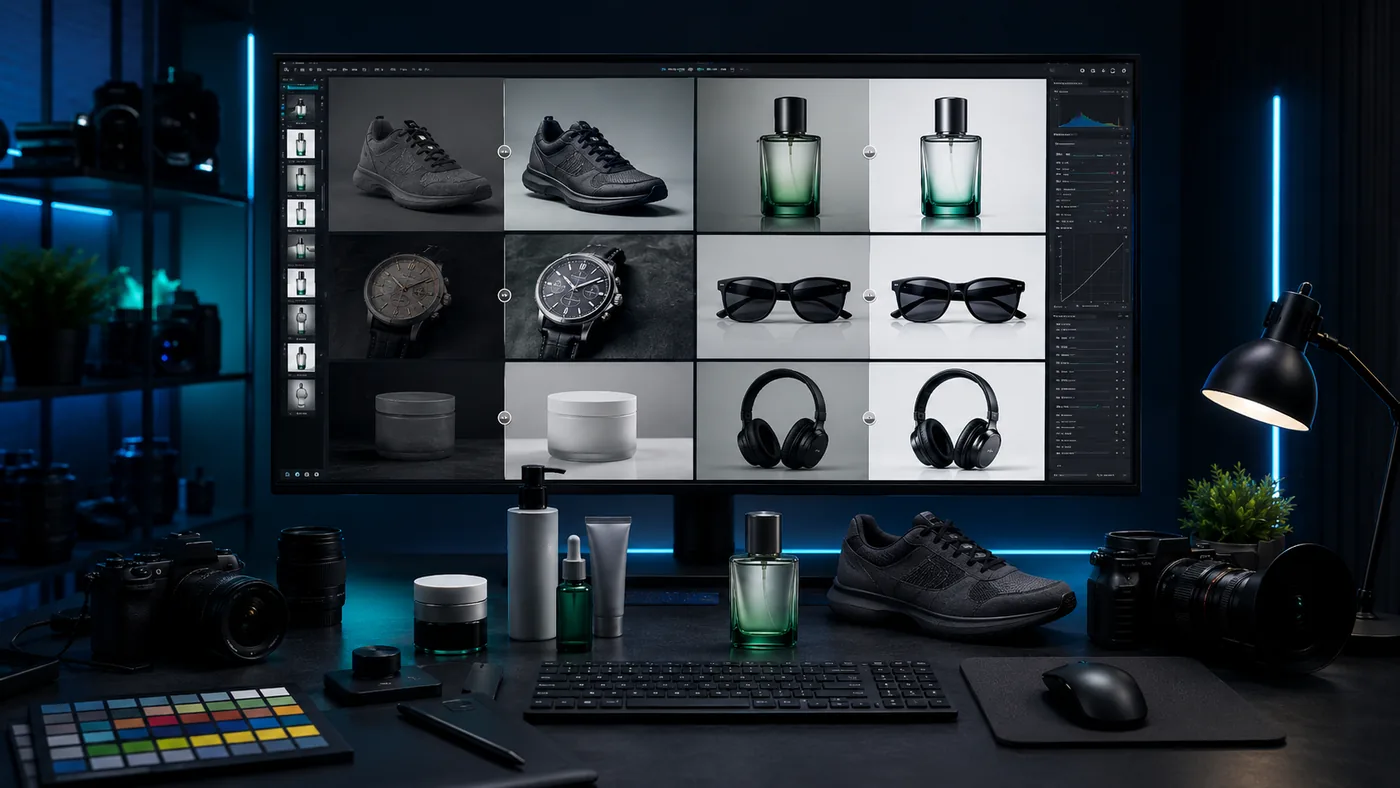 Dedicated image editing production workspace showing before and after batch processing