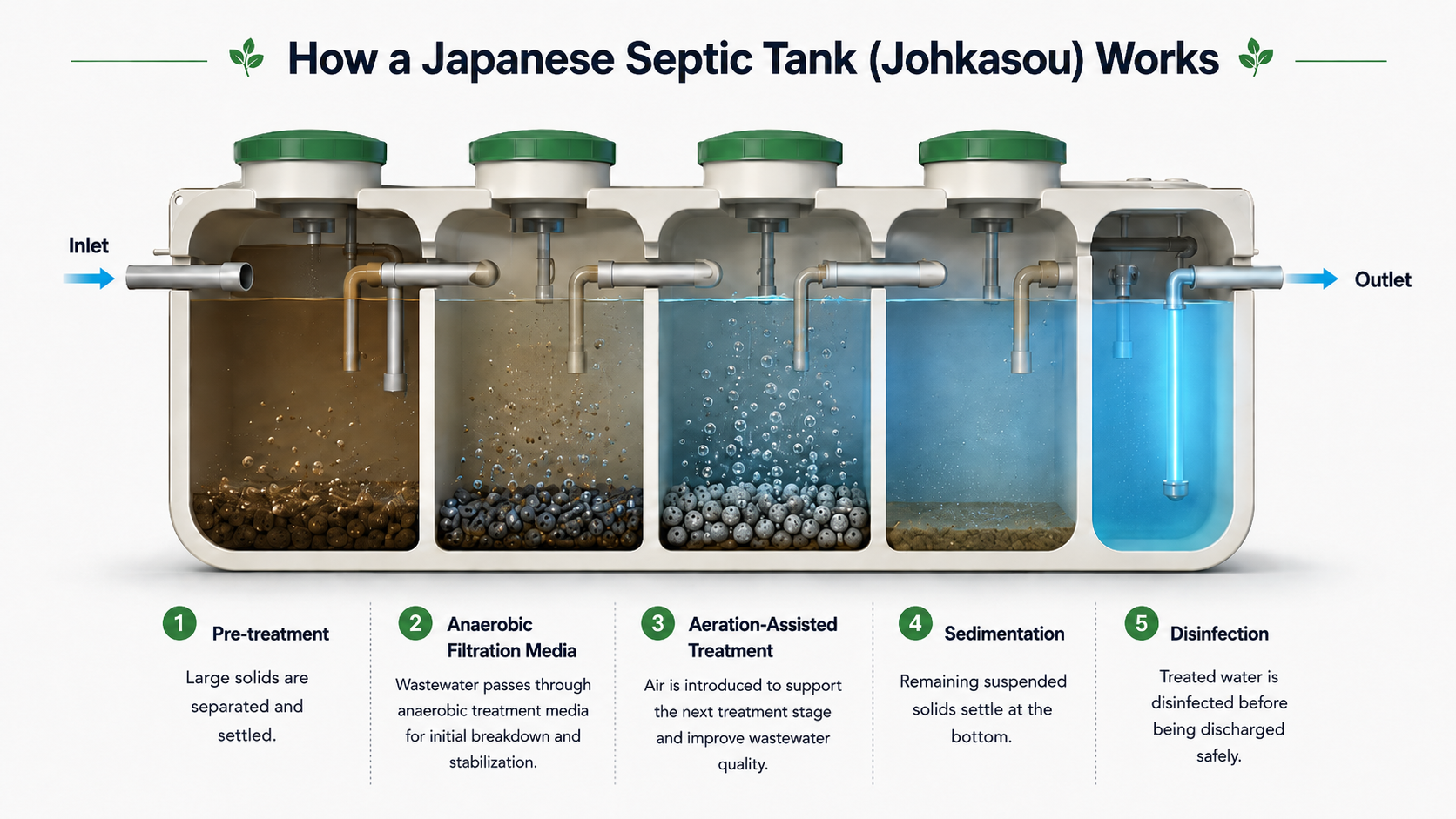 Diagram showing how a Japanese septic tank Johkasou system works