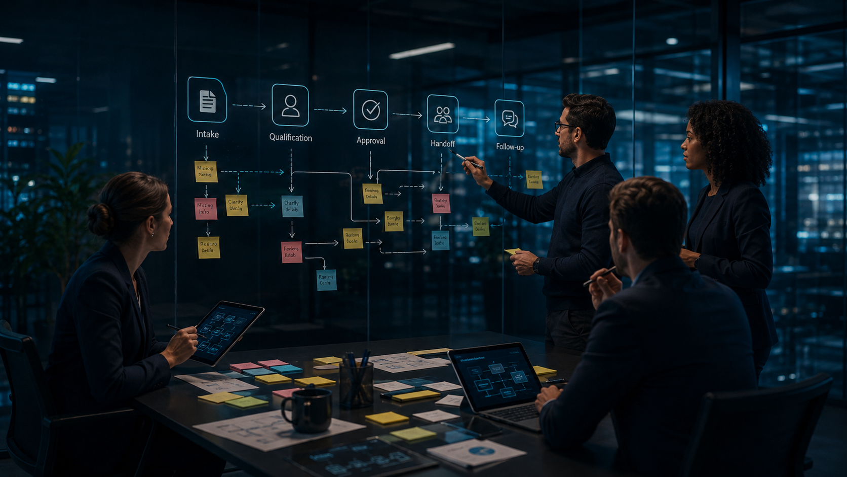 Team mapping a business workflow on a glass board