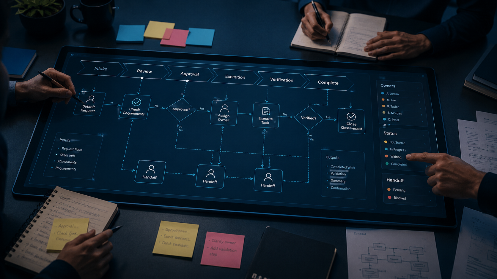 Detailed digital workflow blueprint showing business process stages