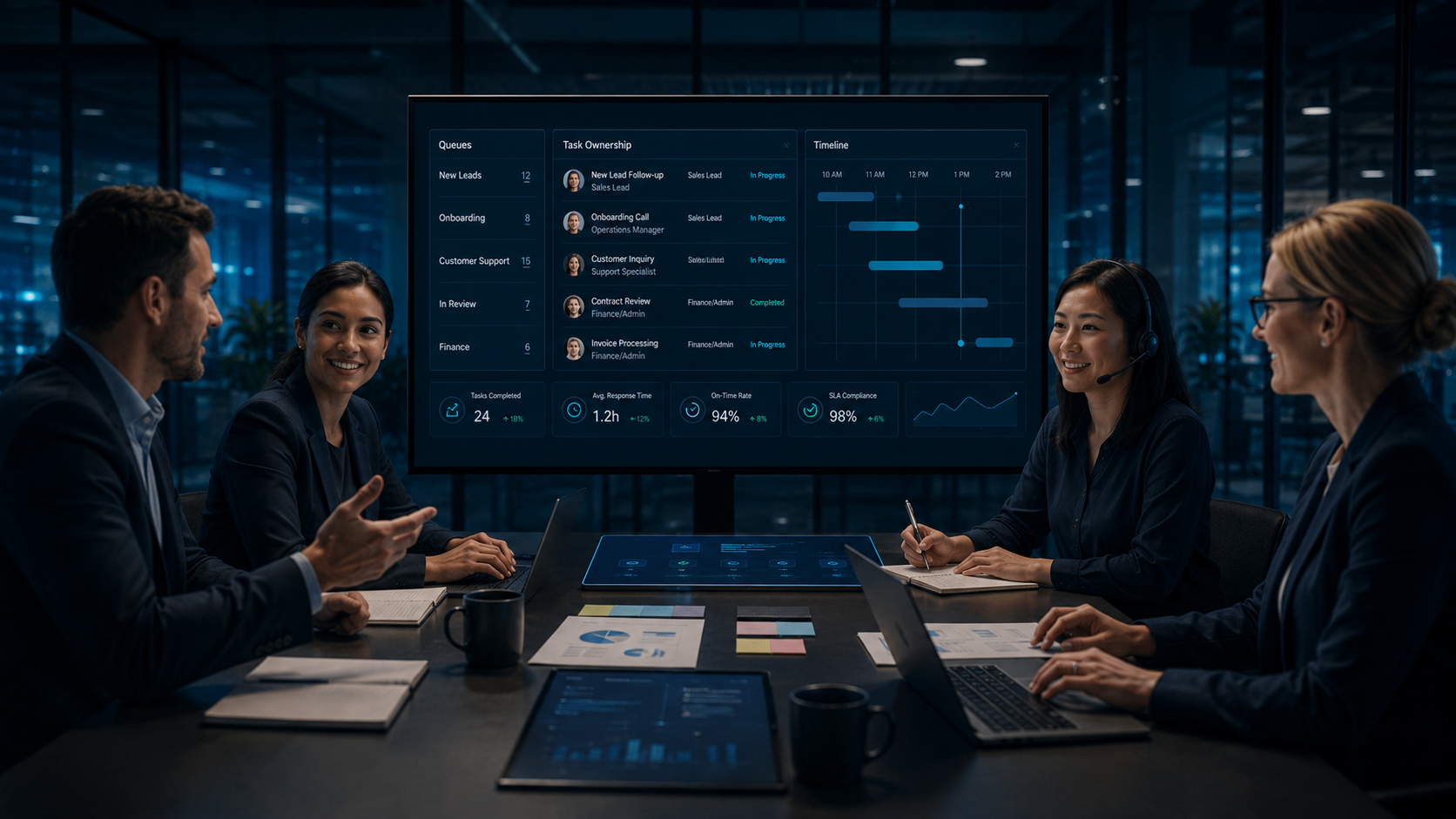 Team reviewing task ownership and workflow queues on a digital dashboard